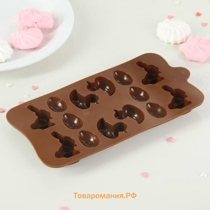 Форма для конфет и шоколада  «Зайцы, утки и яйца», силикон, 22×10.2×1.4 см, 14 ячеек, коричневая