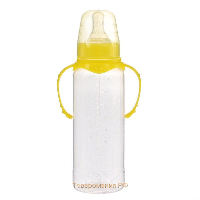 Бутылочка для кормления, классическое горло, с ручками, 250 мл., от 3 мес., цвет жёлтый МИКС