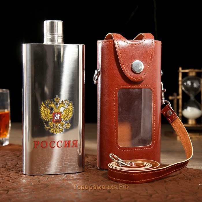 Фляжка для алкоголя и воды, 330 мл, "Россия", нержавеющая сталь, чехол, подарочная