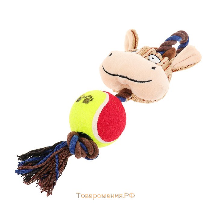 Игрушка для собак 3-в-1 "Корова": канатная, мягкая с пищалкой, войлочный мяч, 30 см