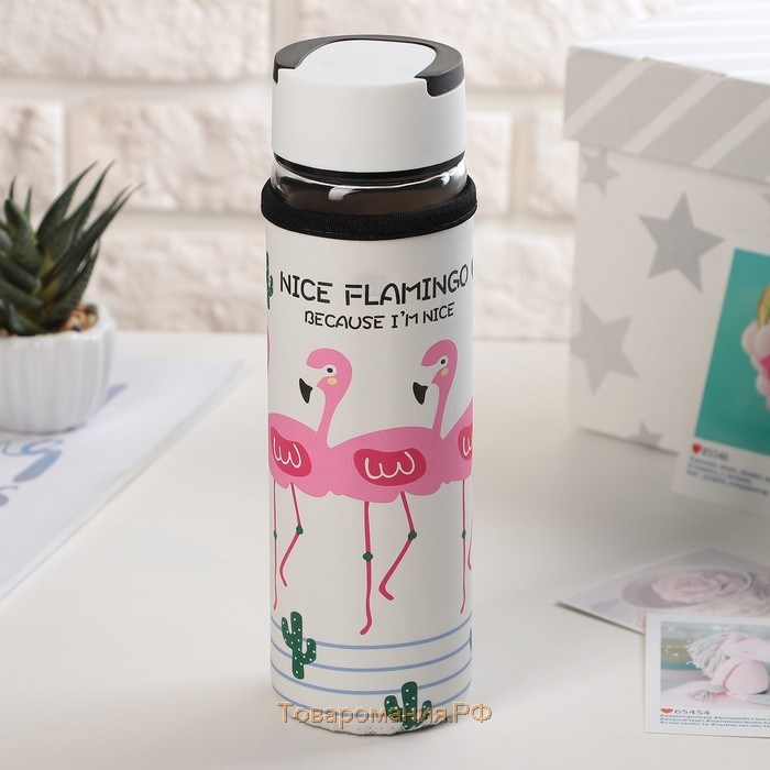 Бутылка для воды стеклянная с ручкой в чехле «Фламинго», 500 мл, h=23,5 см, рисунок МИКС