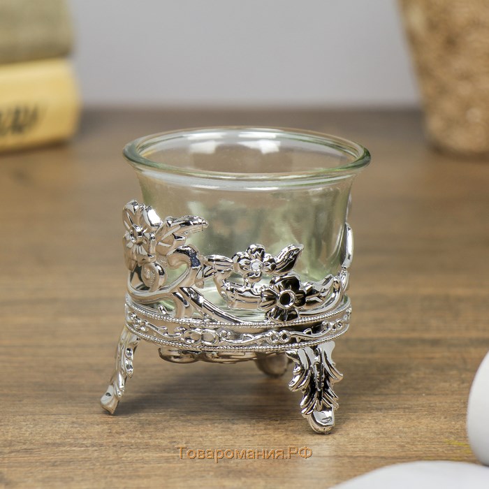 Подсвечник стекло, пластик на 1 свечу "Цветочек" серебро 6,5х6х6 см