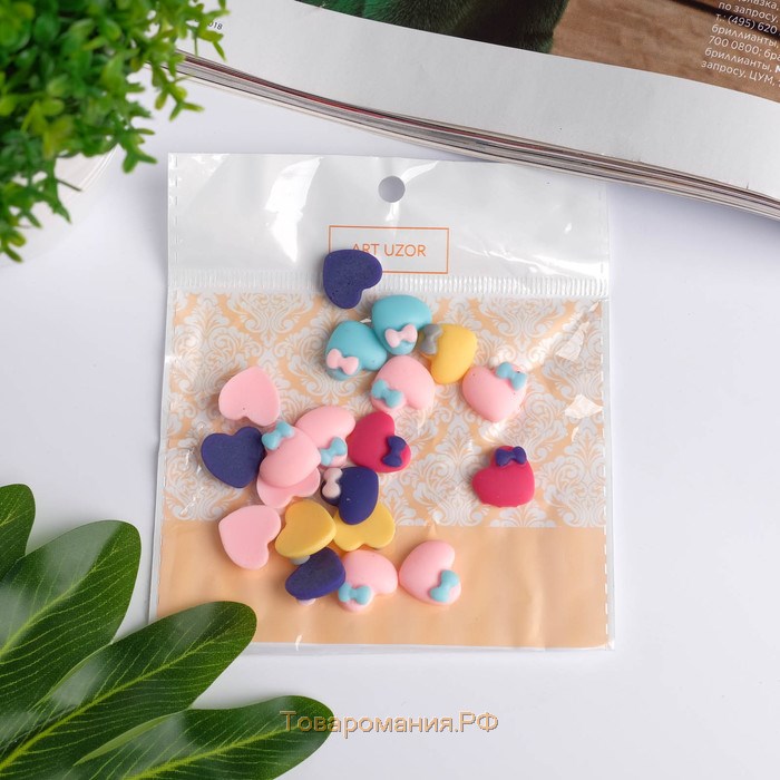 Декор для творчества пластик "Сердце с цветочком" набор 20 шт матовый МИКС 1,3х1,3 см