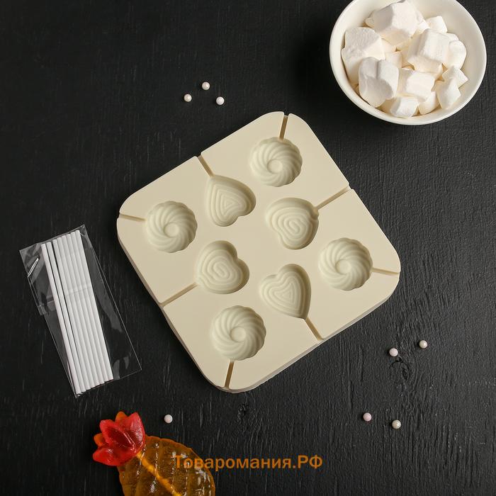 Форма для леденцов  «Свидание», силикон, 14.5×14.5×1.5 см, 8 ячеек (3.5×3.5 см), с палочками, коричневая