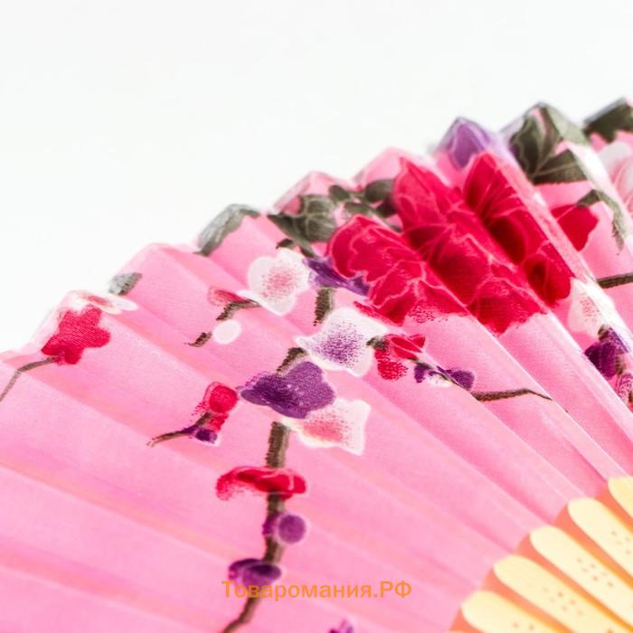 Веер бамбук, текстиль h=21 см "Цветы" с чехлом, розовый