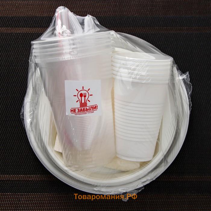 Набор пластиковой одноразовой посуды на 6 персон «Биг-Пак №1», тарелки глубокие, тарелки плоские, стаканчики: 200 мл, 300 мл, 500 мл, вилки, ножи, ложки, трубочки, бумажные салфетки, зубочистки, цвет белый