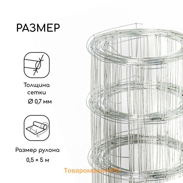 Сетка оцинкованная, сварная, 5×0.5 м, ячейка 50×50 мм, d=0.7 мм, Greengo
