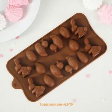 Форма для конфет и шоколада  «Зайцы, утки и яйца», силикон, 22×10.2×1.4 см, 14 ячеек, коричневая