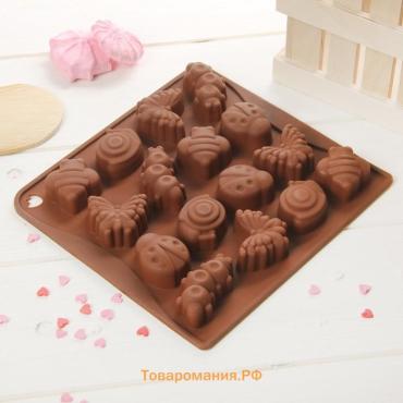 Форма для конфет и шоколада  «Насекомые», силикон, 18×17 см, 16 ячеек (3.5×3.5 см), коричневая