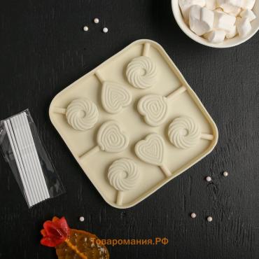 Форма для леденцов  «Свидание», силикон, 14.5×14.5×1.5 см, 8 ячеек (3.5×3.5 см), с палочками, коричневая