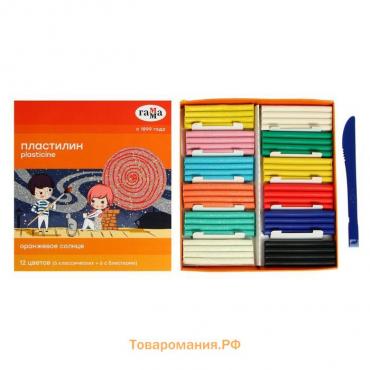 Пластилин 12 цветов 168 г, (6 классических + 6 с блёстками) Гамма "Оранжевое солнце", со стеком, картонная упаковка 130520205